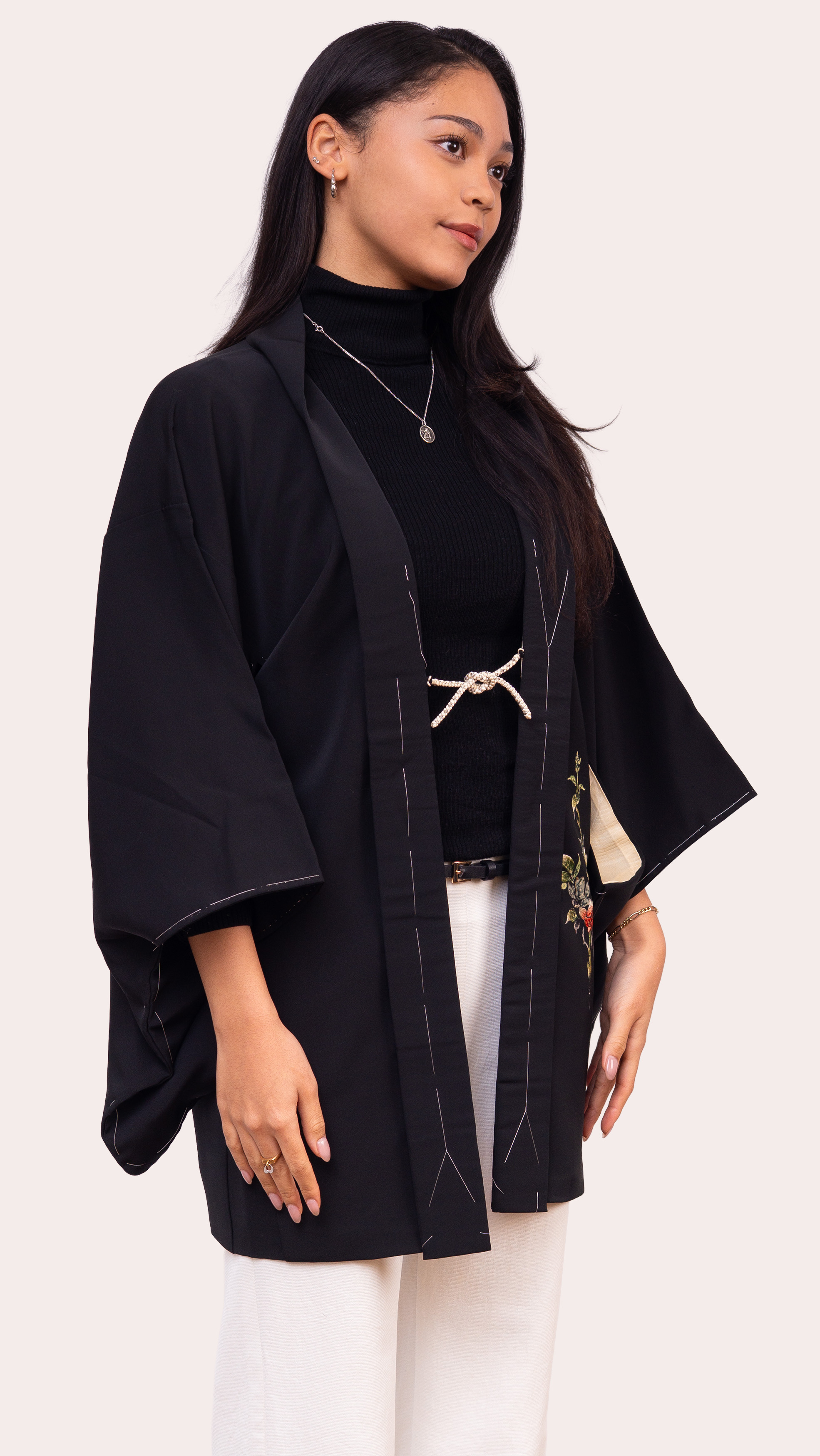 Black Embroidered Haori — Botanical Back Motif