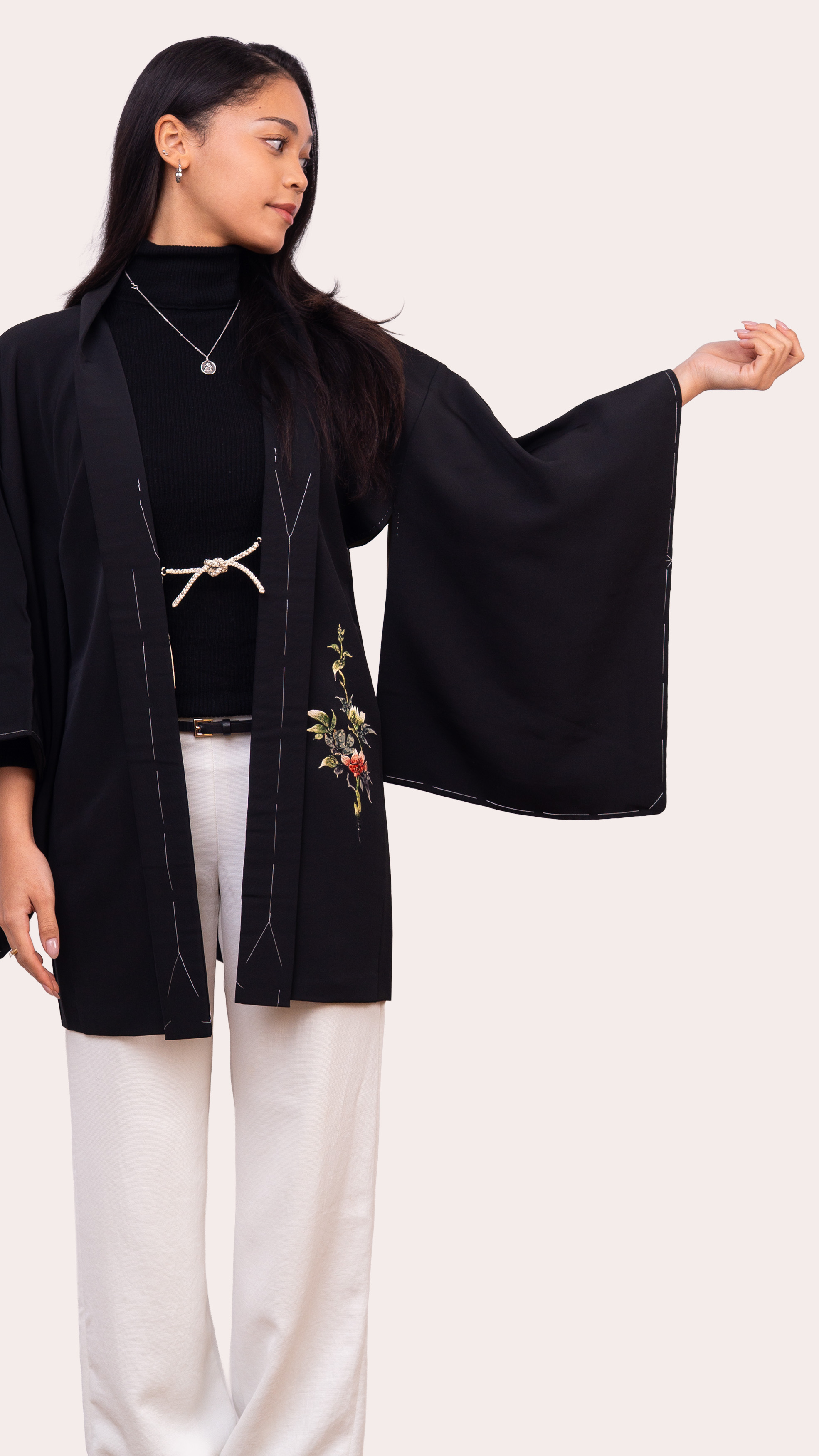 Black Embroidered Haori — Botanical Back Motif