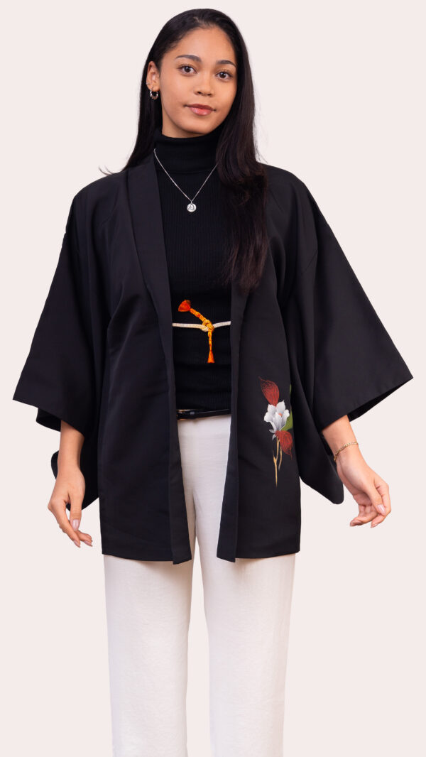 Black Haori Jacket — Hand painted Floral Back Motif