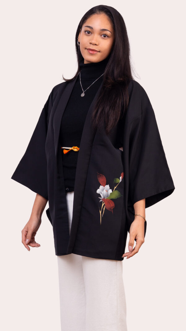 Black Haori Jacket — Hand painted Floral Back Motif
