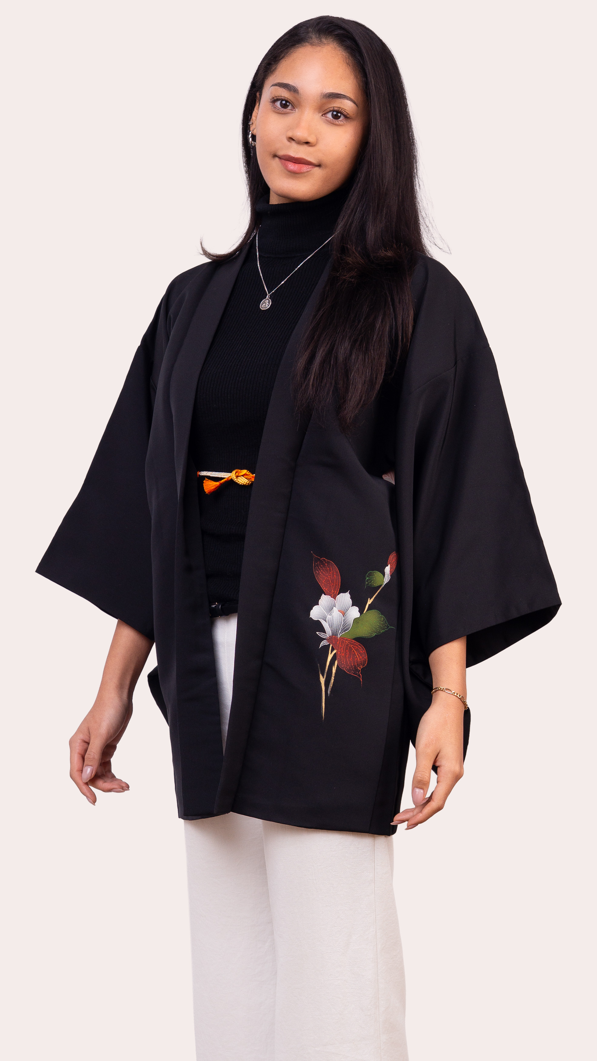 Black Haori Jacket — Hand painted Floral Back Motif