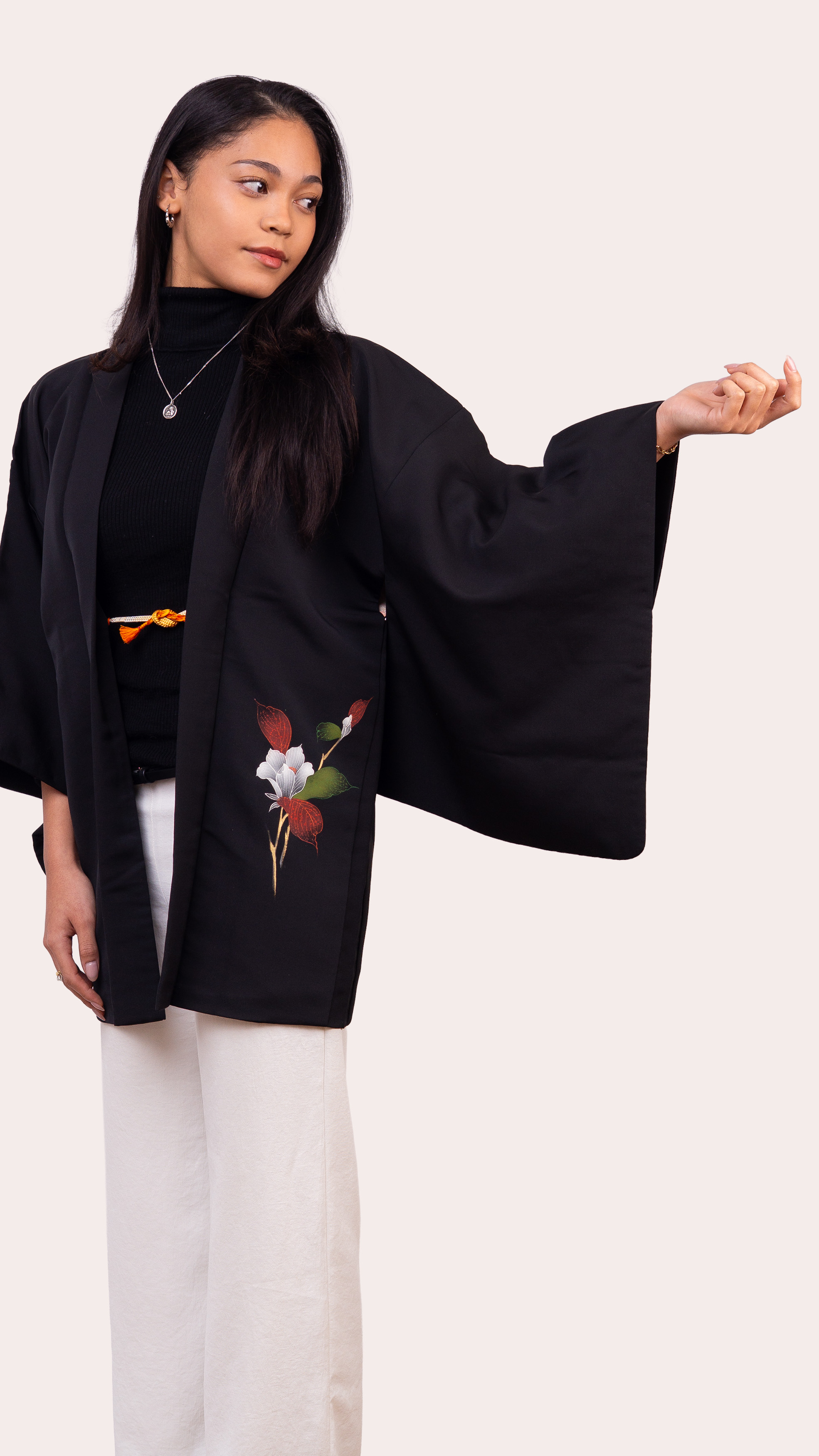 Black Haori Jacket — Hand painted Floral Back Motif