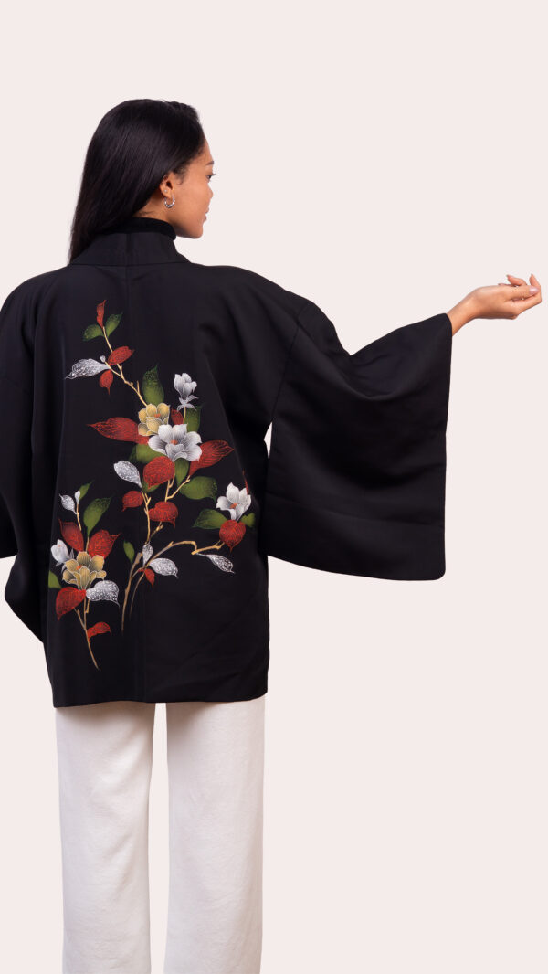 Black Haori Jacket — Hand painted Floral Back Motif