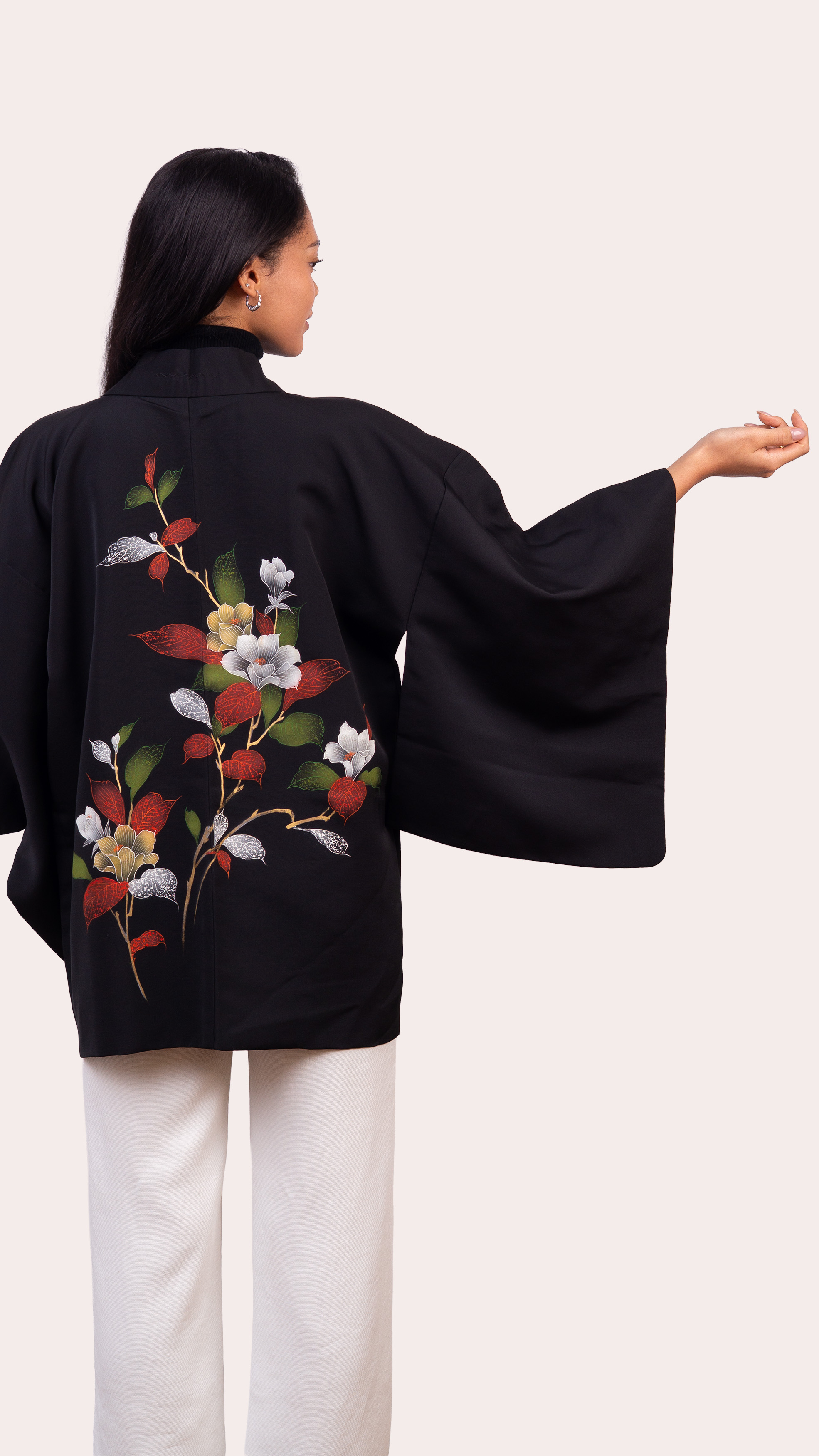 Black Haori Jacket — Hand painted Floral Back Motif