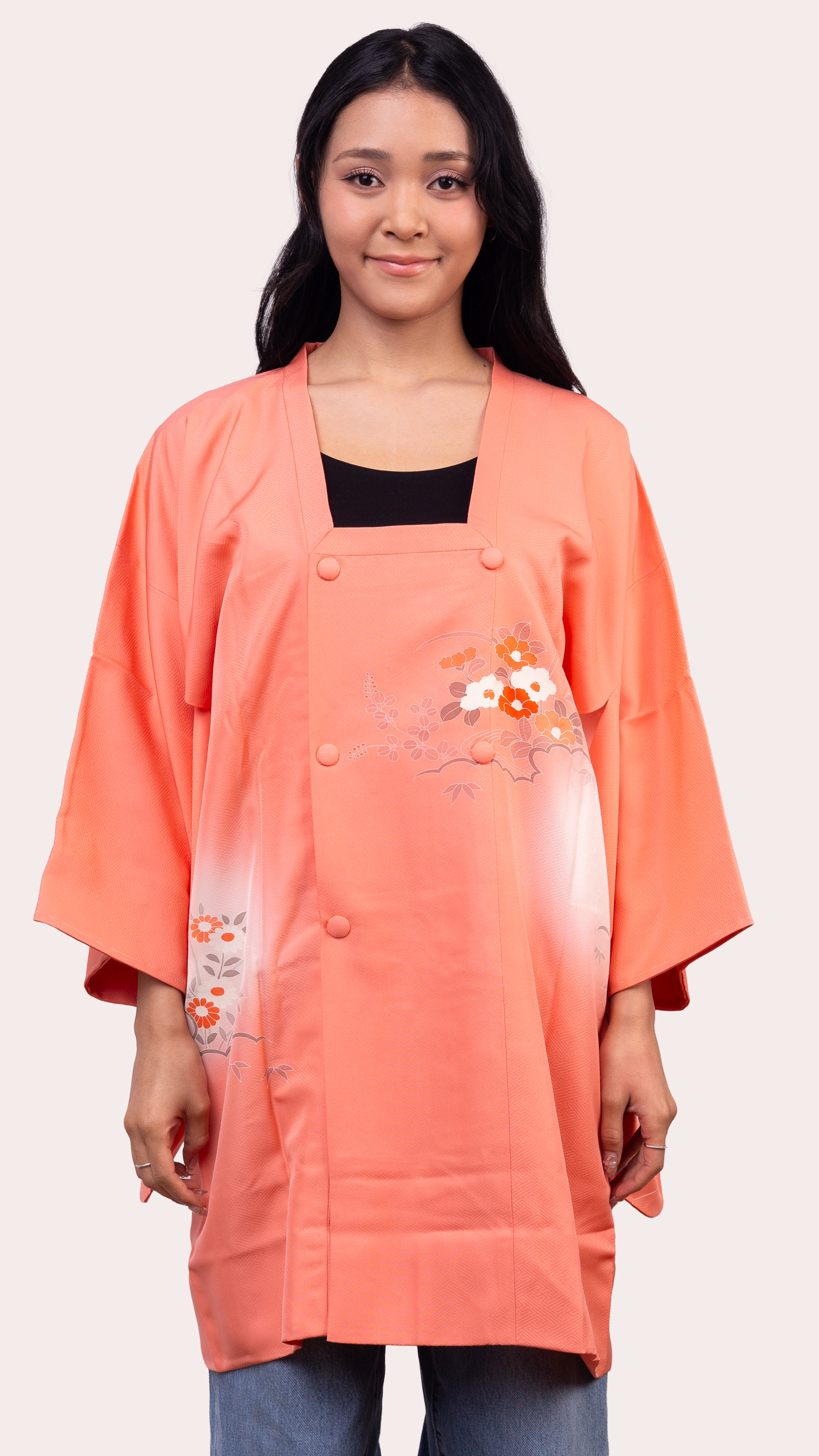 Coral Michiyuki Jacket — Double breasted Floral Accent