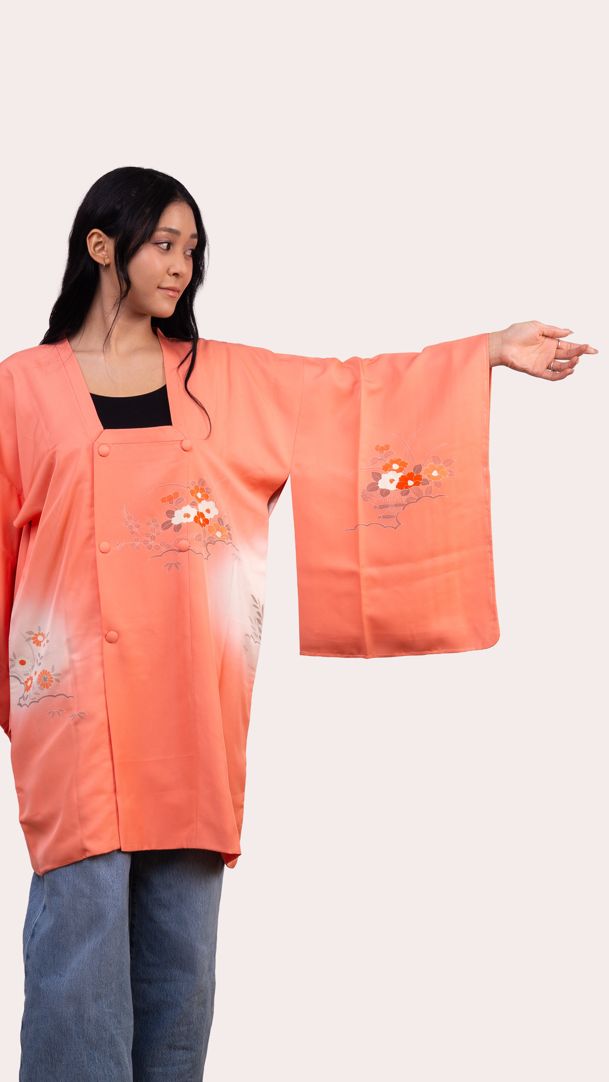 Coral Michiyuki Jacket — Double breasted Floral Accent