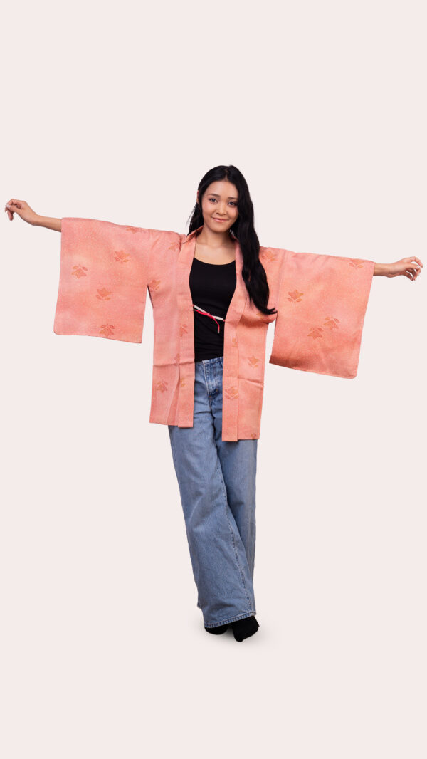 Coral Pink Haori Jacket — Subtle Floral Jacquard