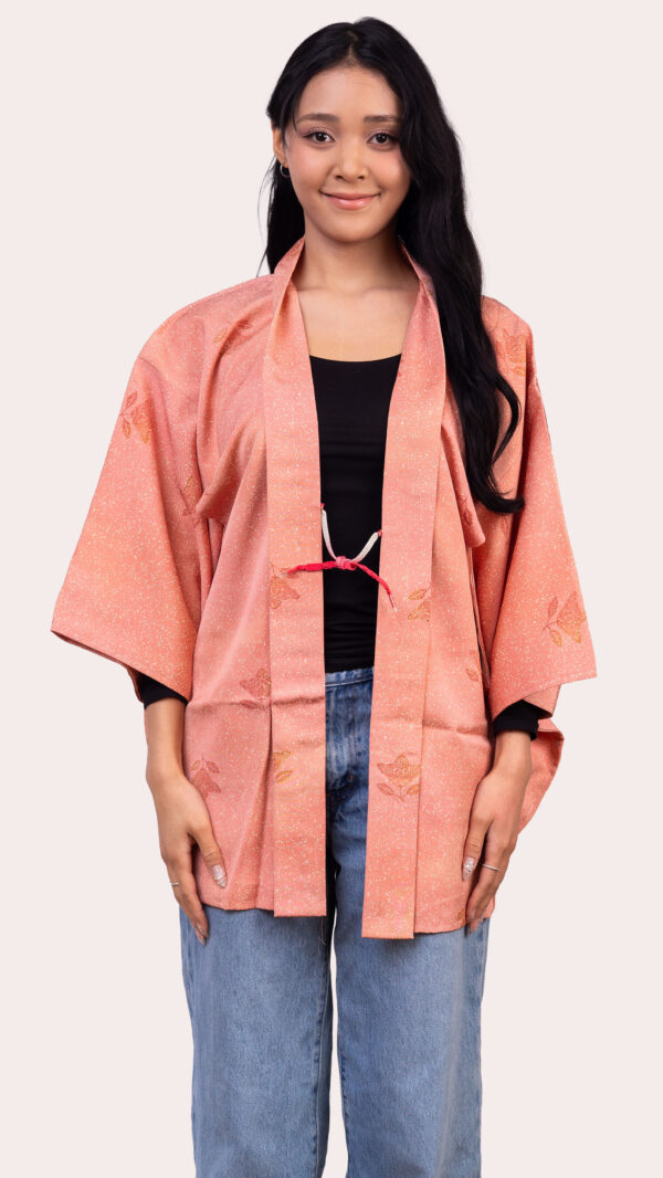 Coral Pink Haori Jacket — Subtle Floral Jacquard