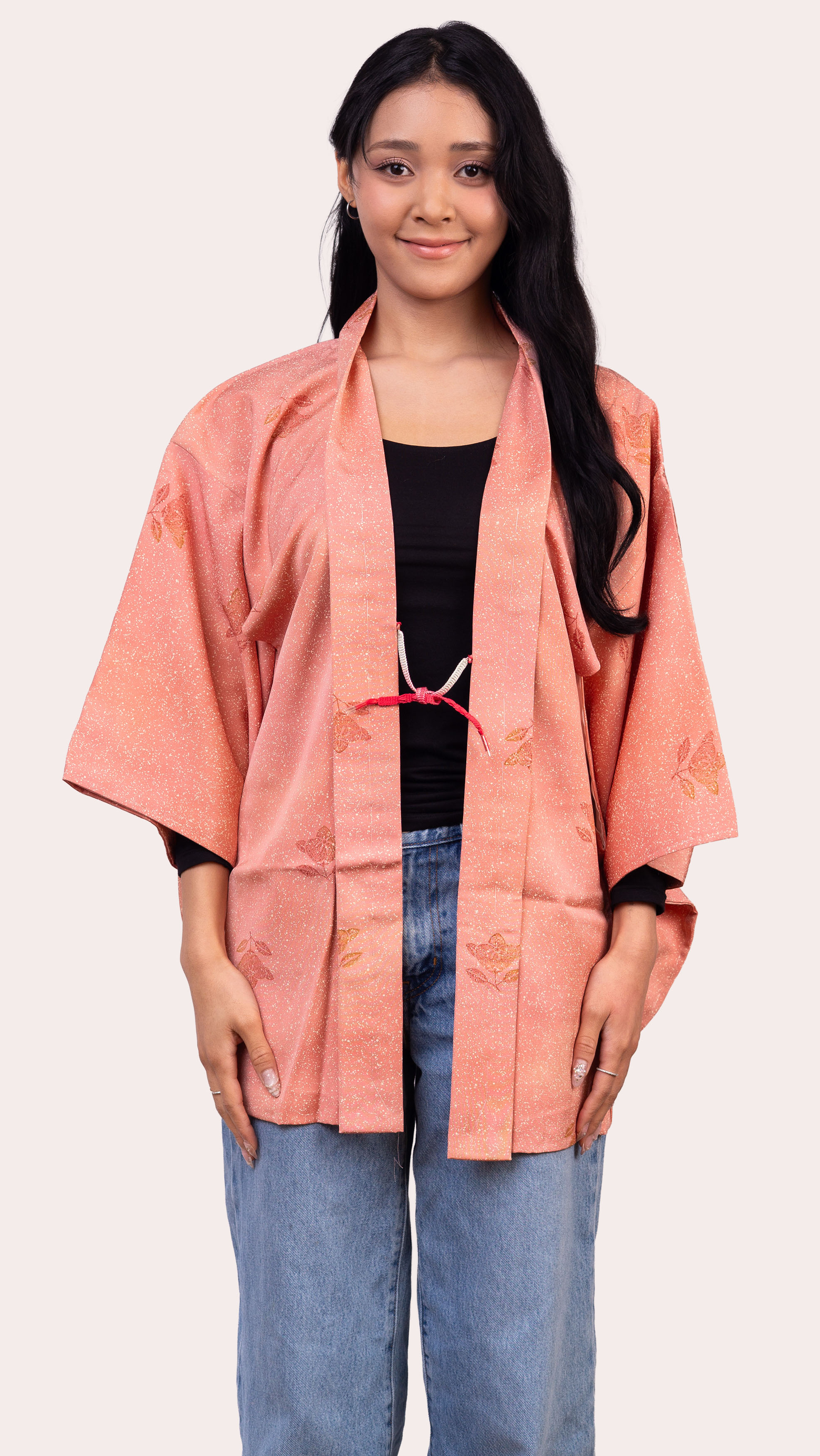Coral Pink Haori Jacket — Subtle Floral Jacquard