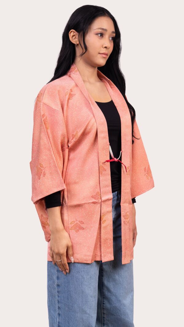 Coral Pink Haori Jacket — Subtle Floral Jacquard