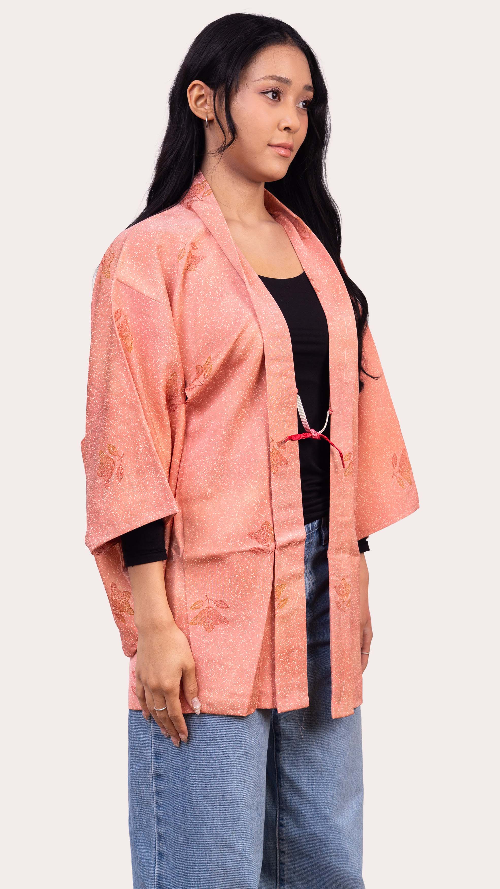 Coral Pink Haori Jacket — Subtle Floral Jacquard