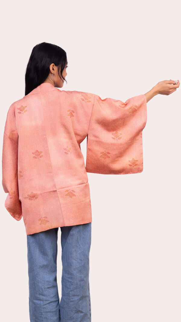 Coral Pink Haori Jacket — Subtle Floral Jacquard