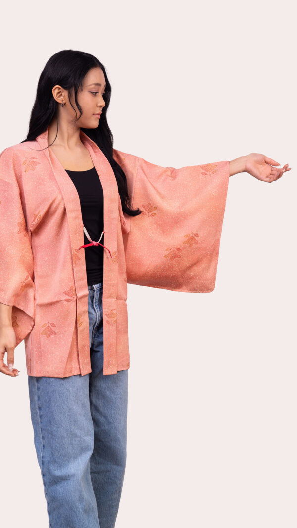 Coral Pink Haori Jacket — Subtle Floral Jacquard