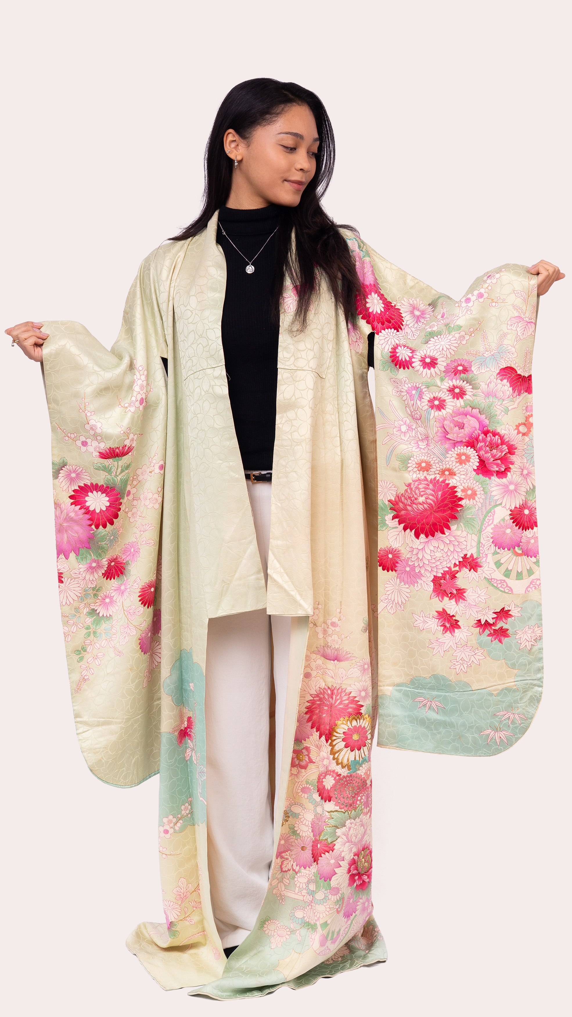 Furisode – Light green with pink floral design