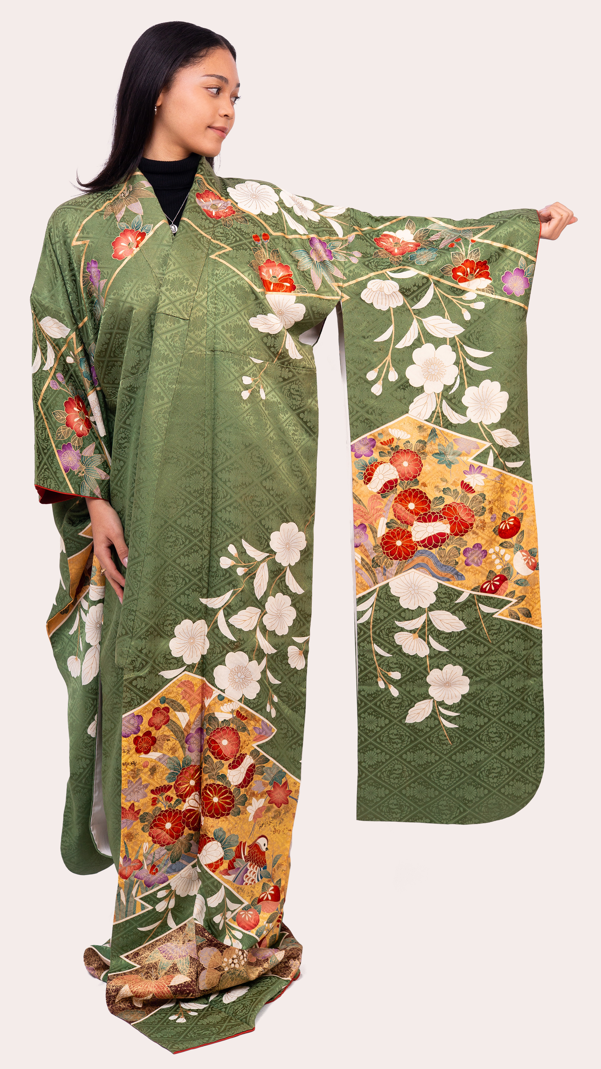 Green Furisode — Elegant Floral & Gold Fan Motifs