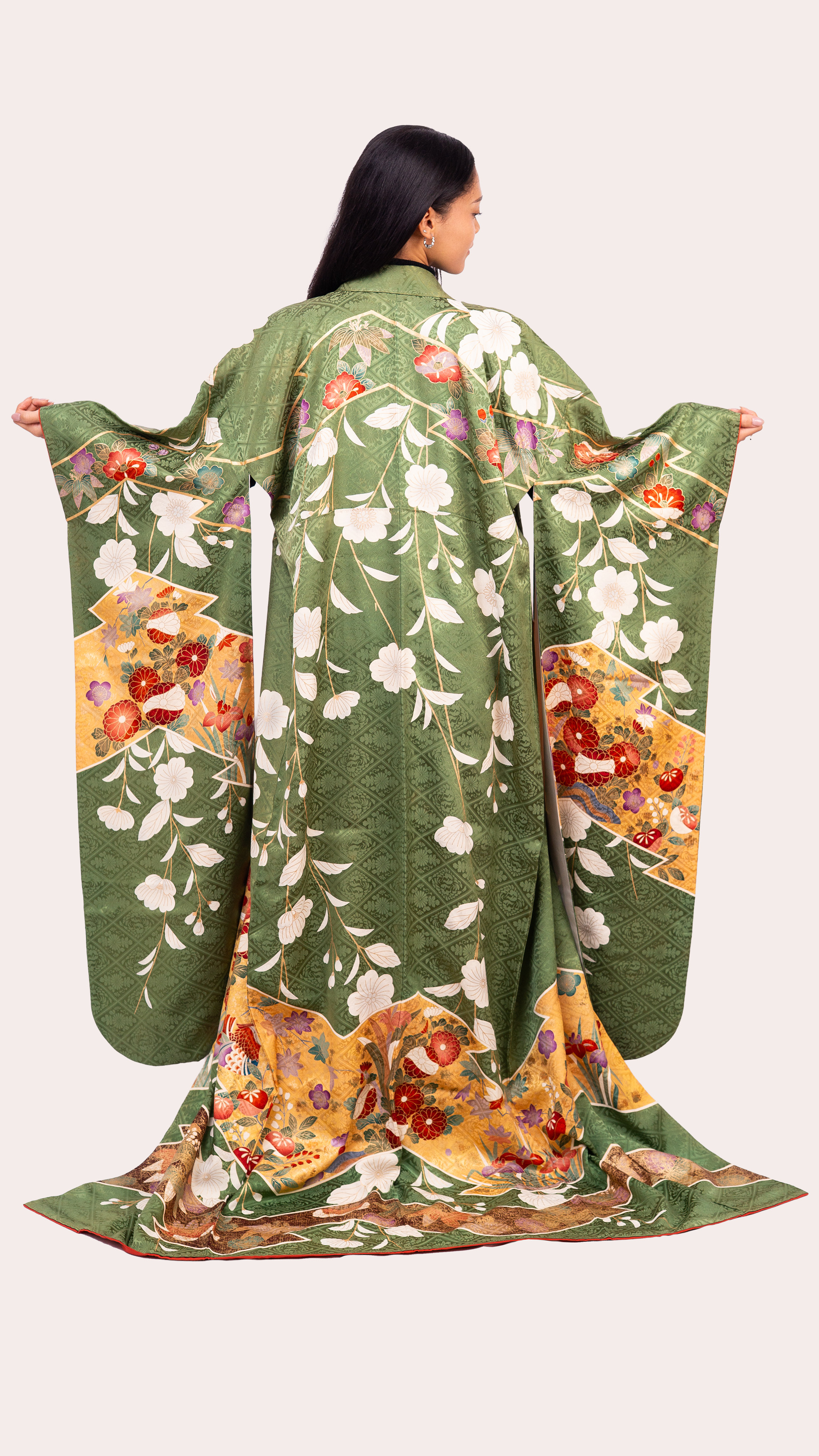 Green Furisode — Elegant Floral & Gold Fan Motifs