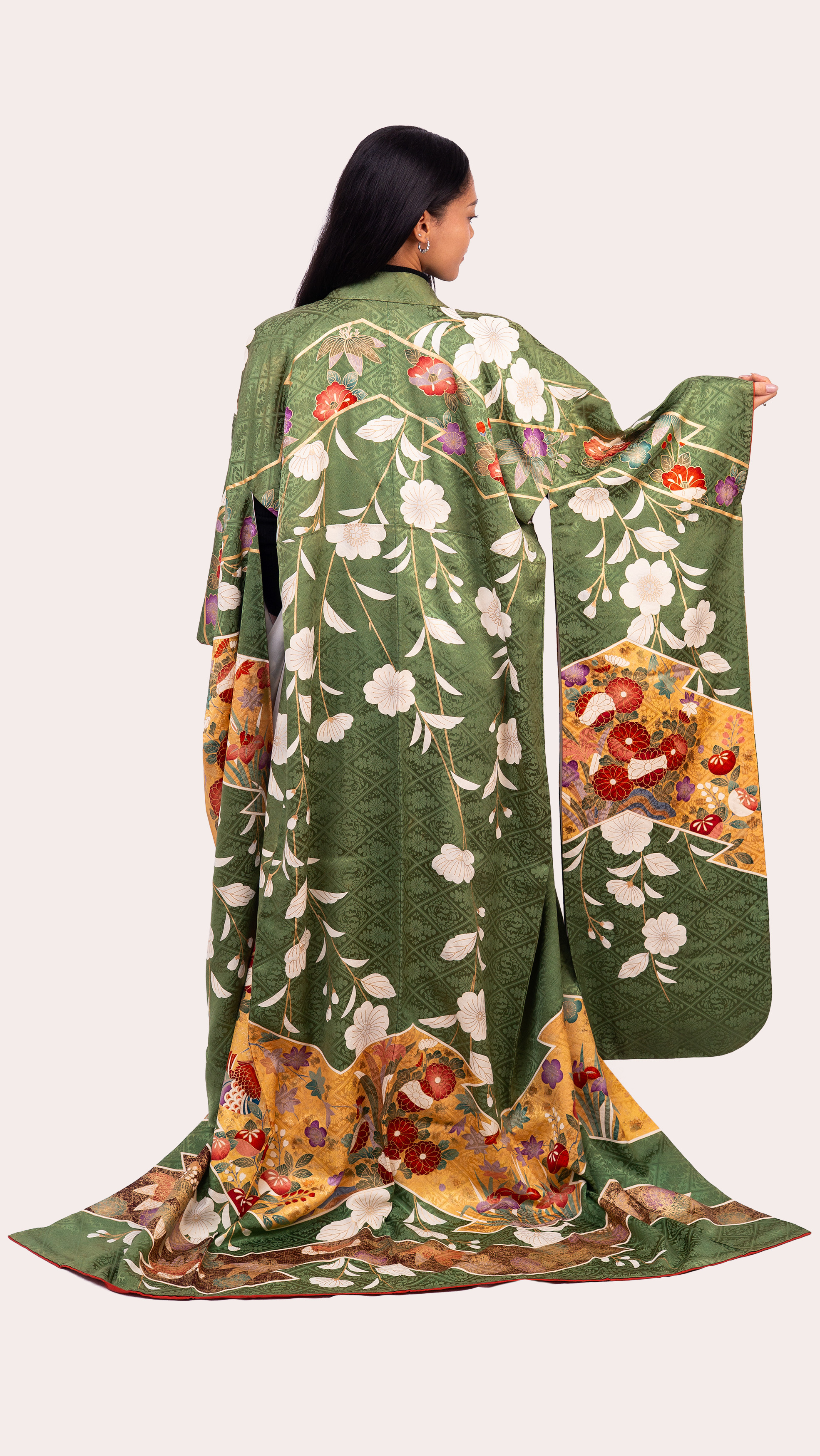 Green Furisode — Elegant Floral & Gold Fan Motifs