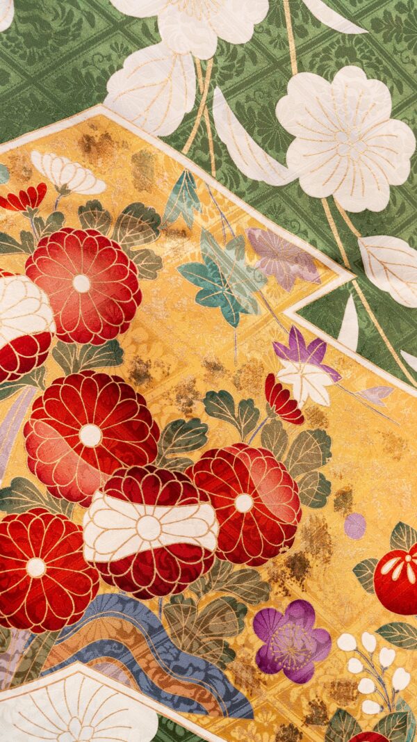 Green Furisode — Elegant Floral & Gold Fan Motifs