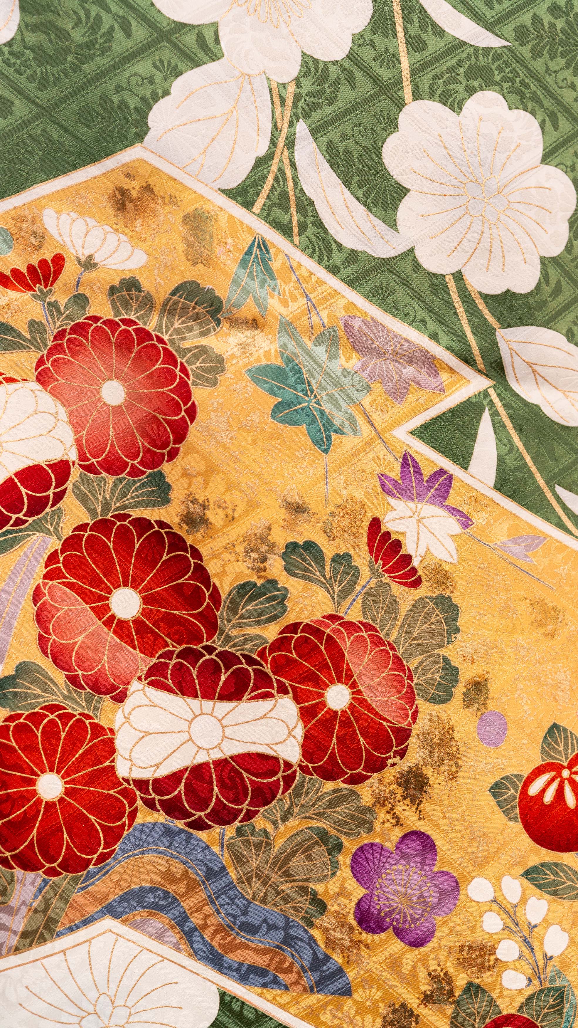 Green Furisode — Elegant Floral & Gold Fan Motifs