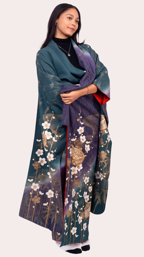 Teal–Plum Gradient Furisode — Gold Plum Blossom & Temari Motifs