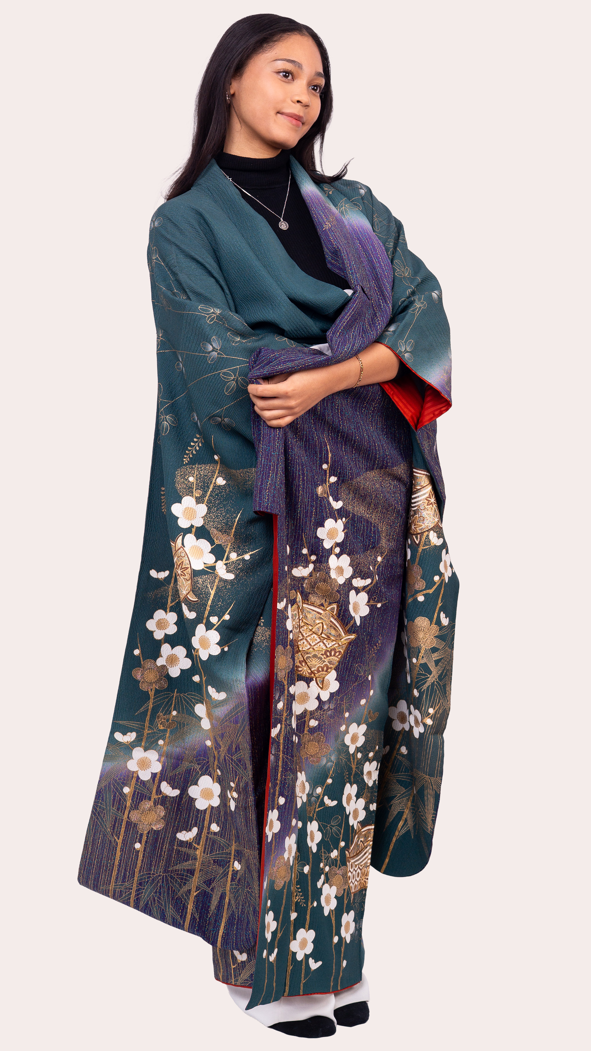 Teal–Plum Gradient Furisode — Gold Plum Blossom & Temari Motifs
