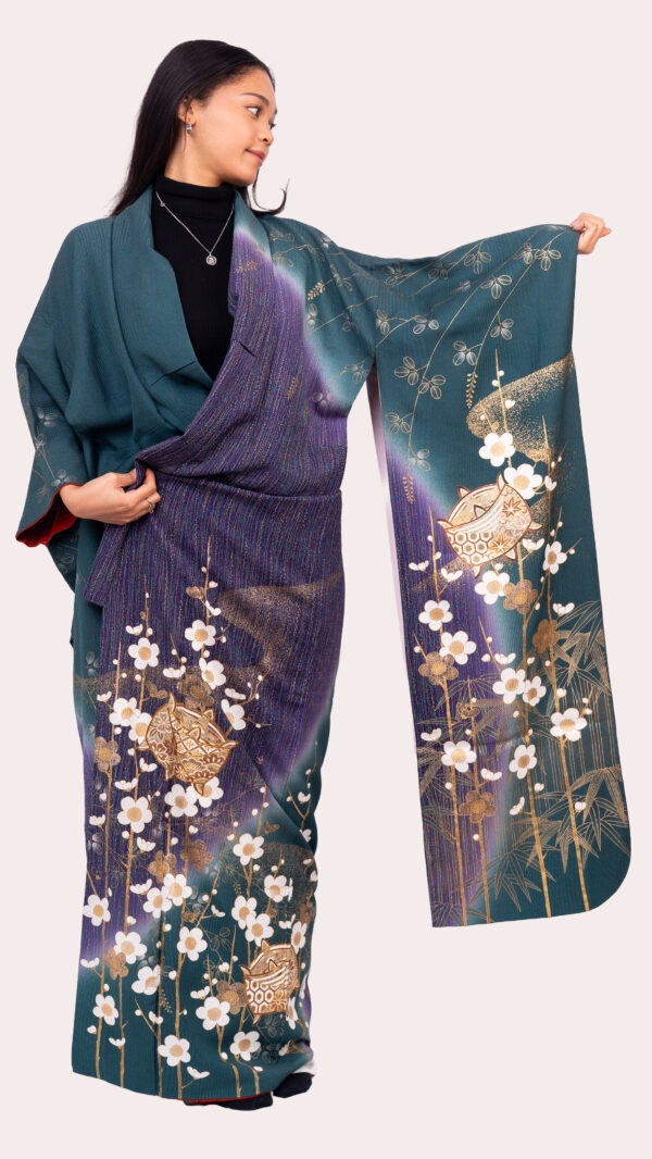 Teal–Plum Gradient Furisode — Gold Plum Blossom & Temari Motifs