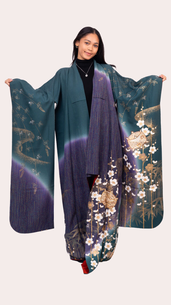 Teal–Plum Gradient Furisode — Gold Plum Blossom & Temari Motifs