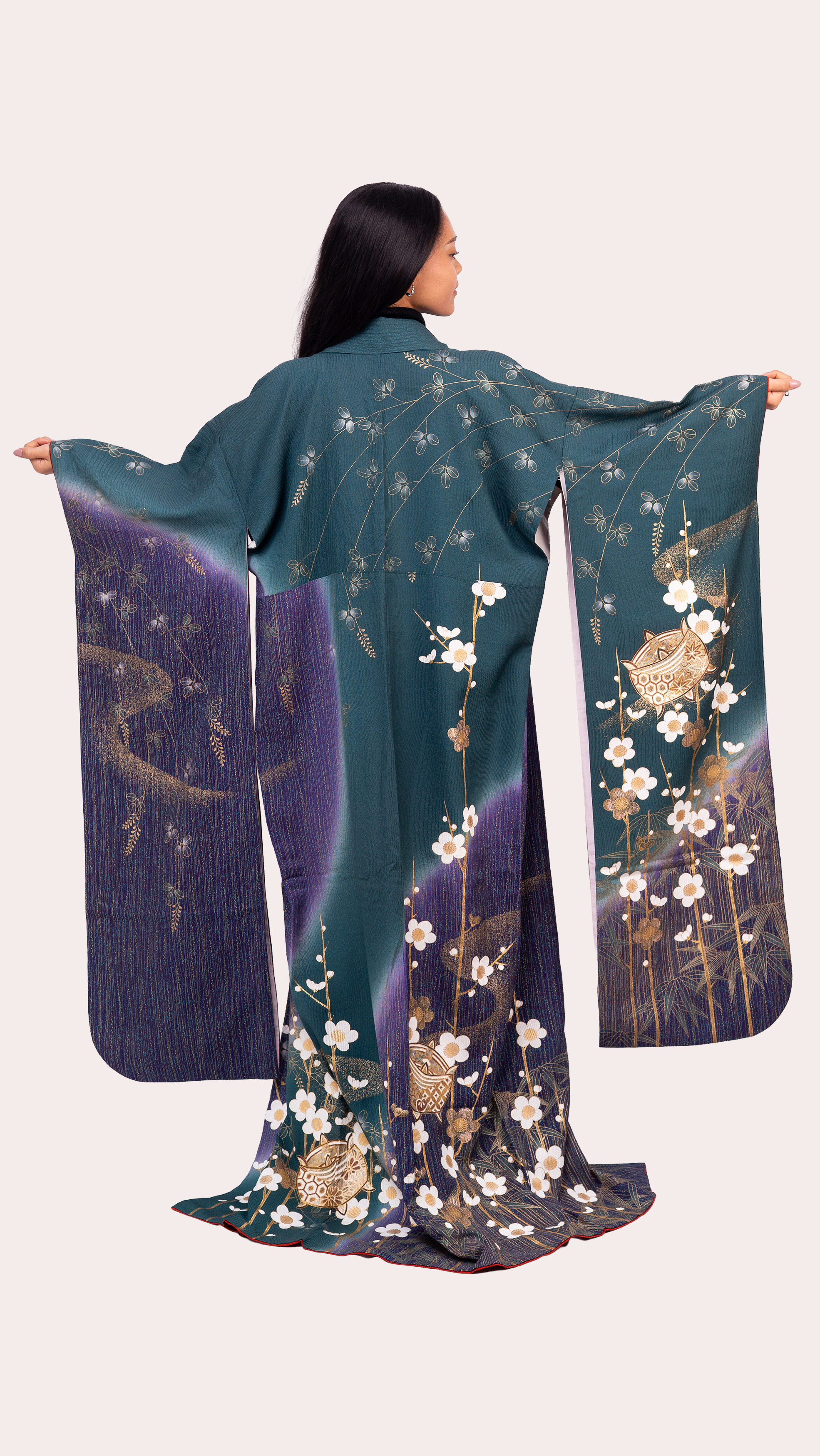 Teal–Plum Gradient Furisode — Gold Plum Blossom & Temari Motifs