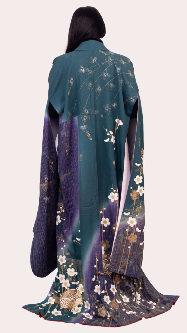 Teal–Plum Gradient Furisode — Gold Plum Blossom & Temari Motifs