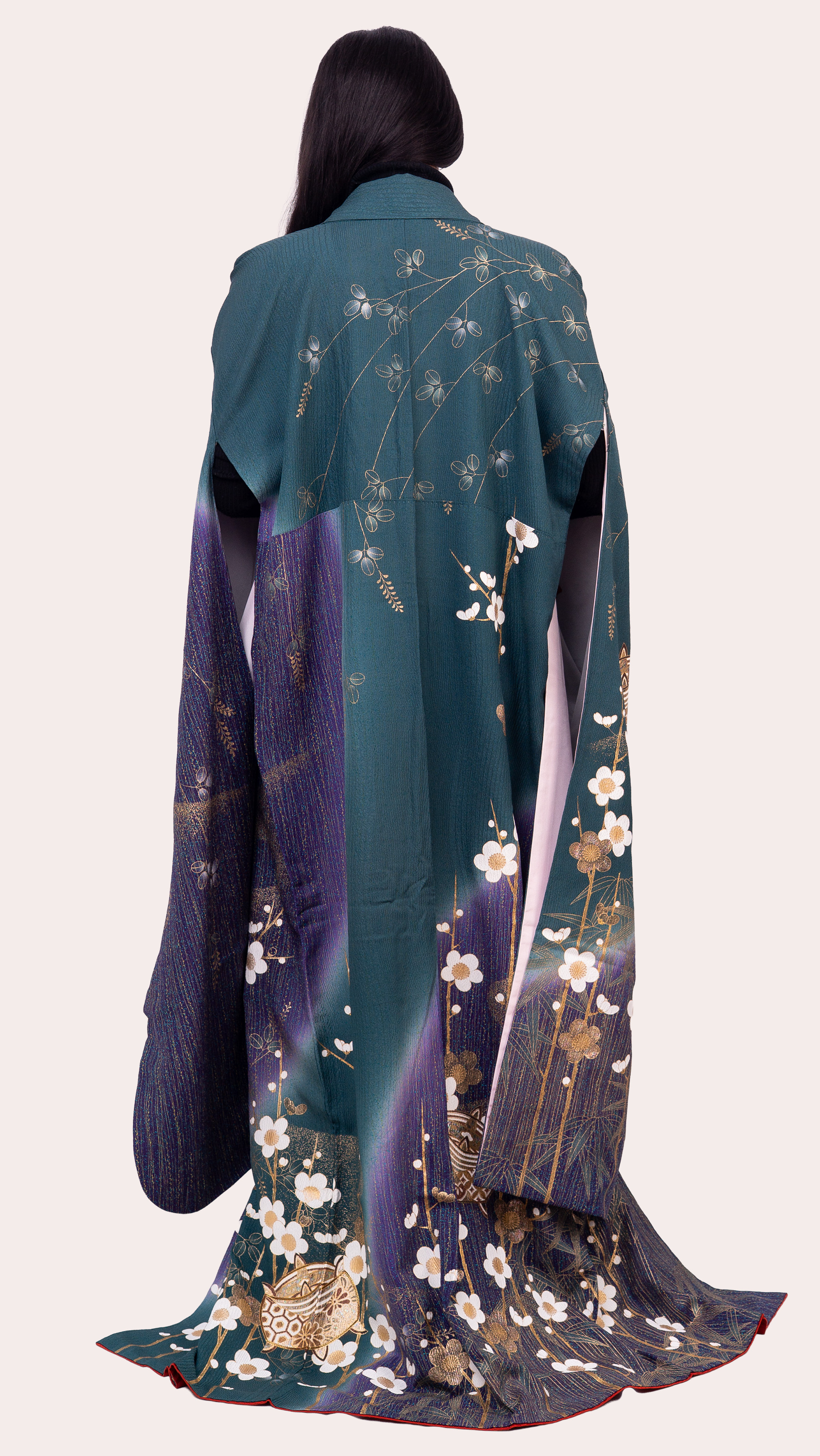 Teal–Plum Gradient Furisode — Gold Plum Blossom & Temari Motifs