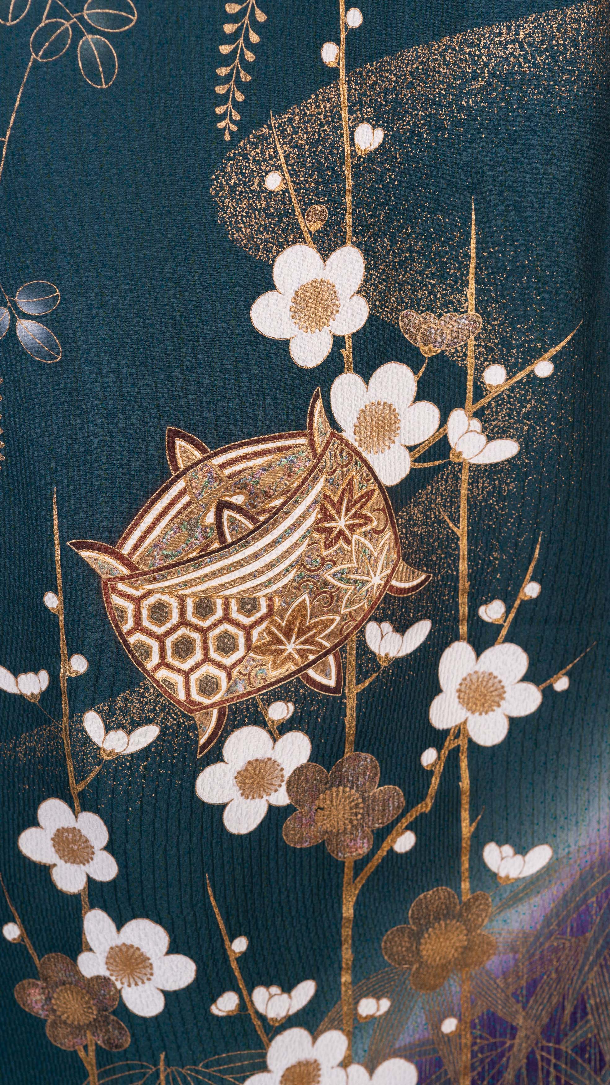 Teal–Plum Gradient Furisode — Gold Plum Blossom & Temari Motifs