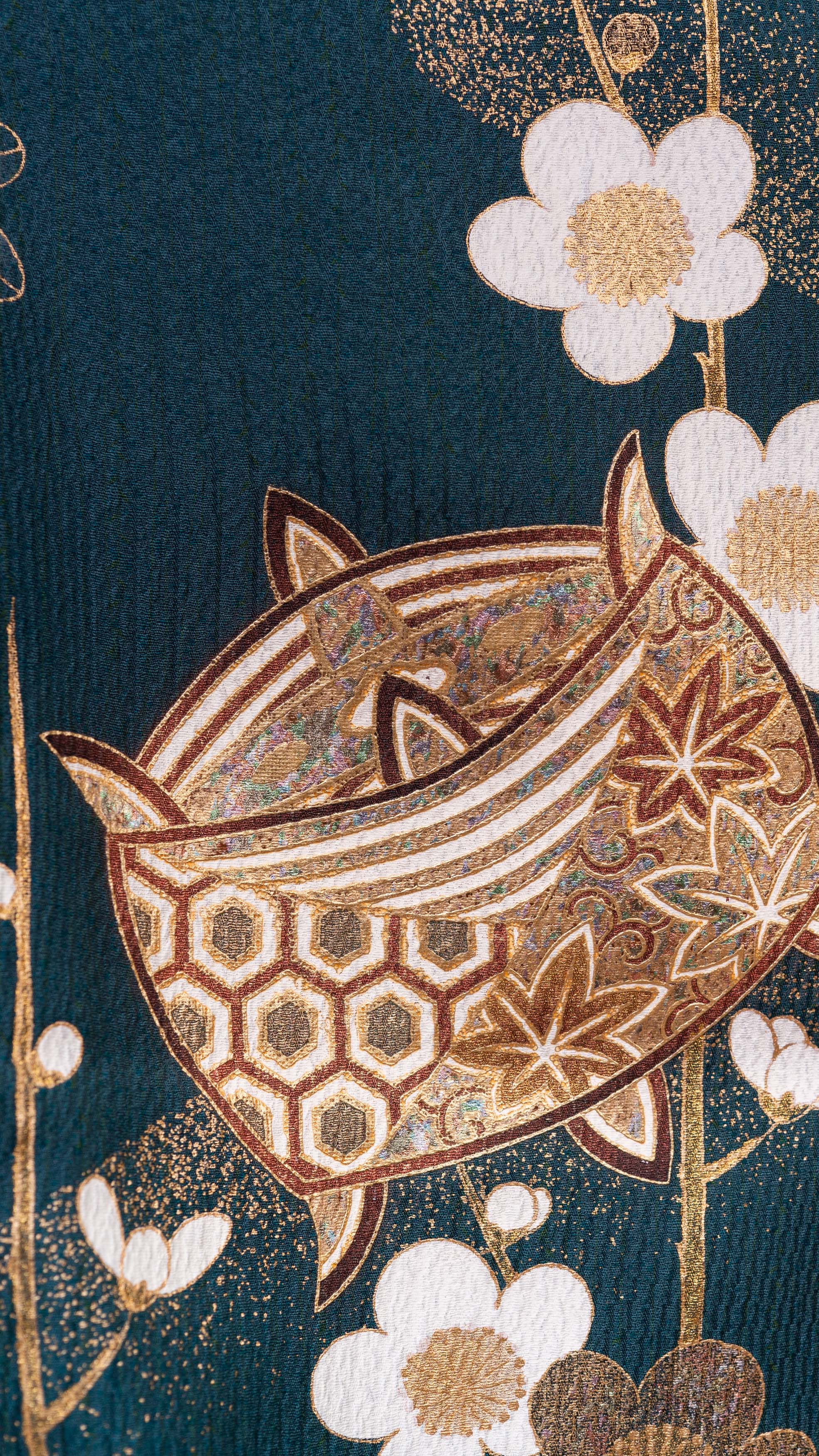 Teal–Plum Gradient Furisode — Gold Plum Blossom & Temari Motifs